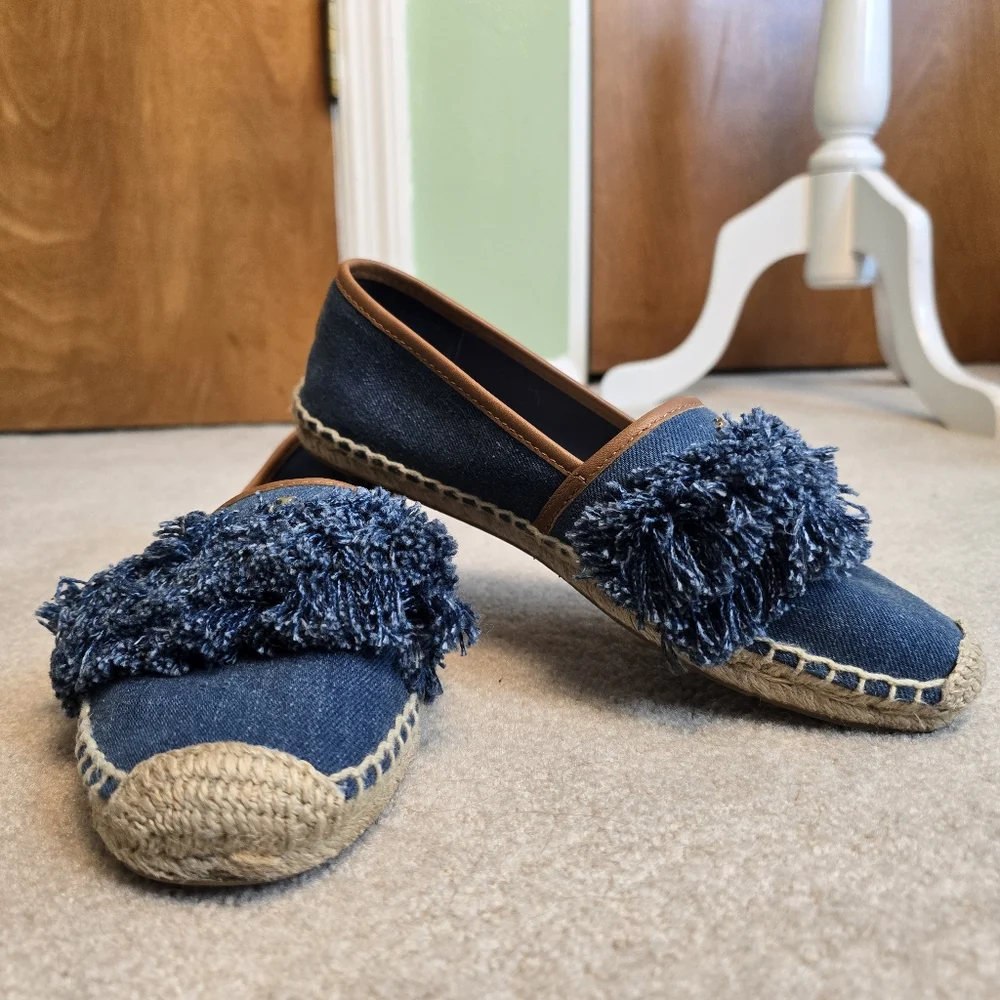 Tory Burch Navy Blue Denim Shaw Fringe Espadrille Flats Size 7.5 - Picture 5 of 12